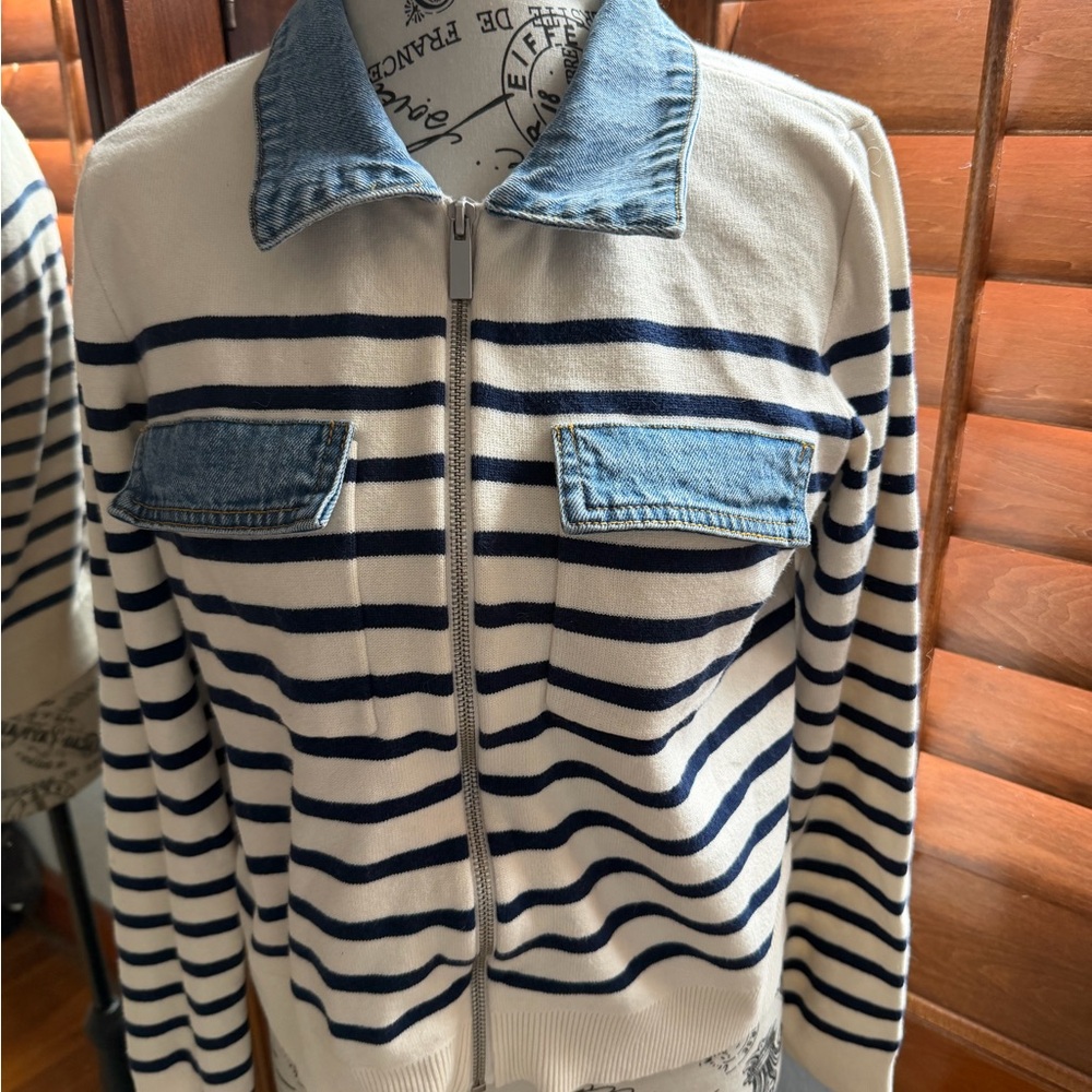 NWOT LOFT Blue and White Denim-Trim Cardigan - Picture 7 of 13